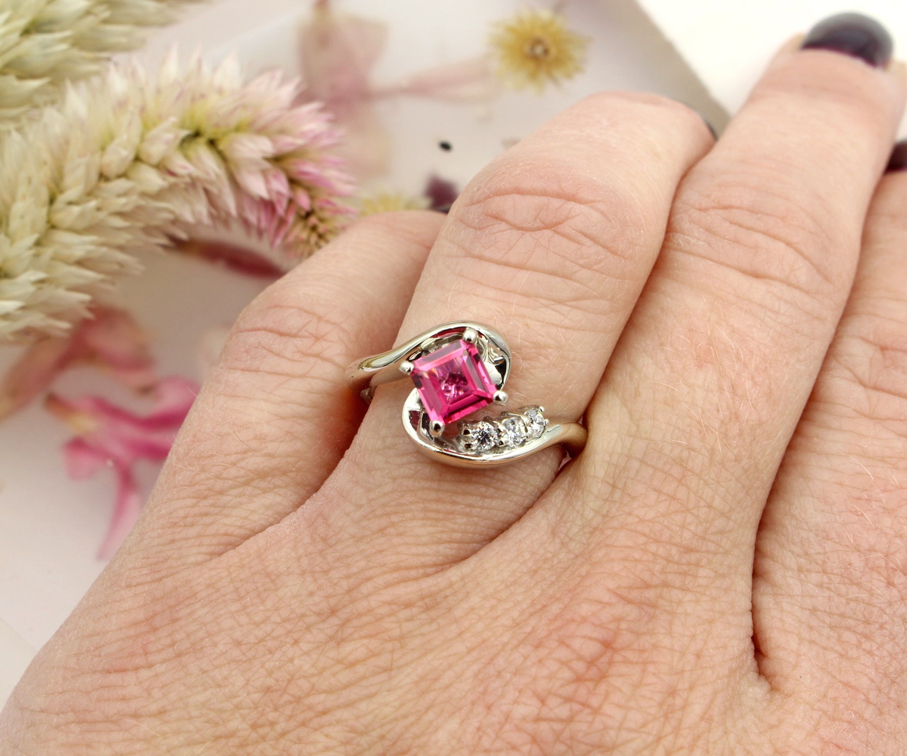 Asymmetrical Twist Pink Spinel Diamond Engagement Ring