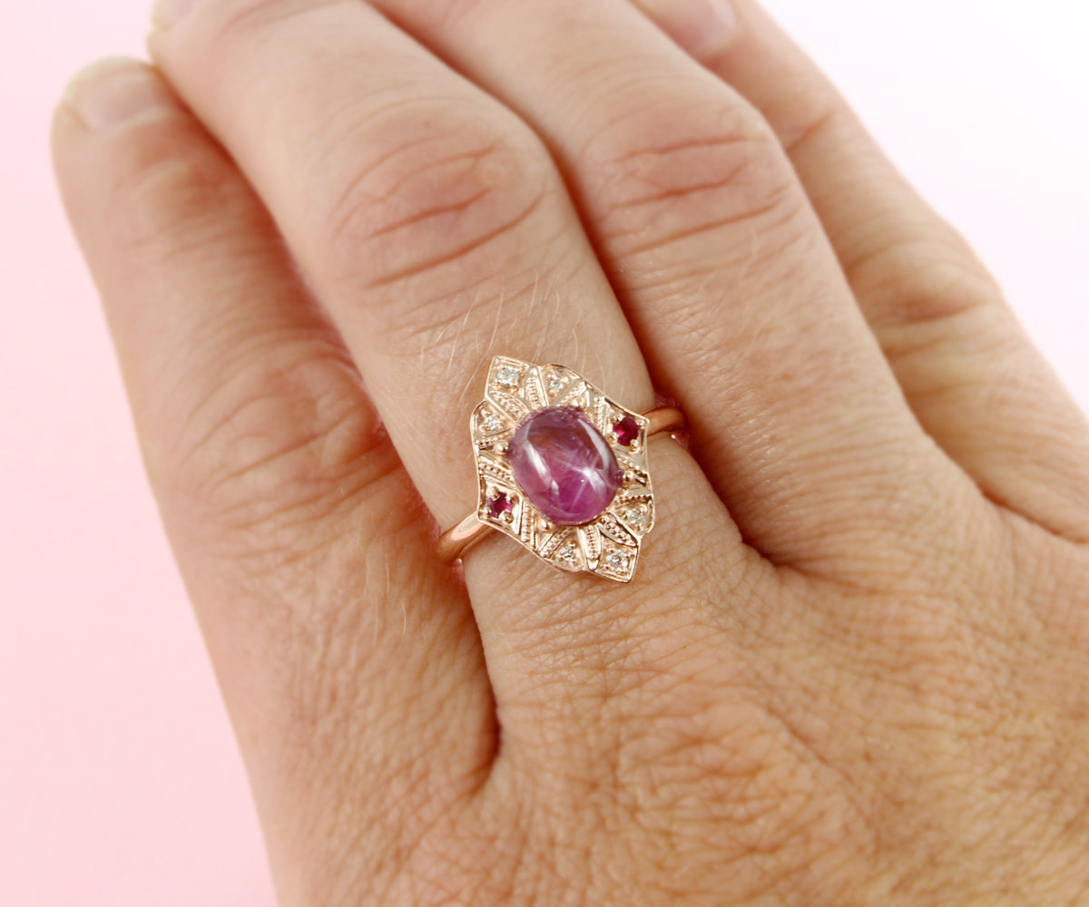 Vintage Star Pink Sapphire and Diamond Rose Gold Ring