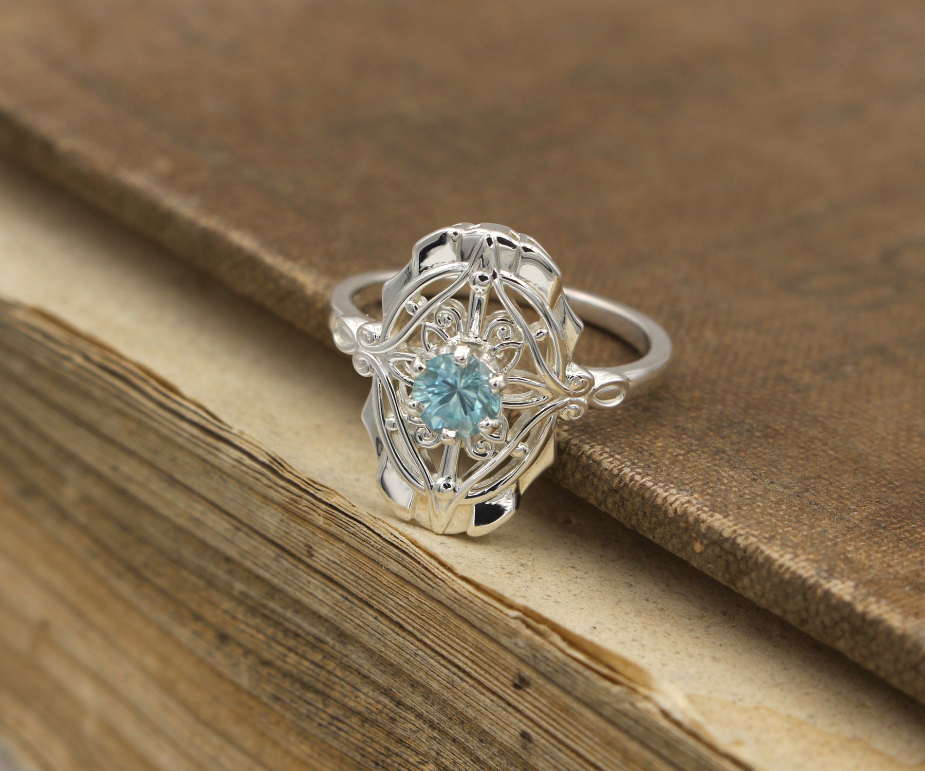 Vintage Inspired Blue Zircon Silver Ring