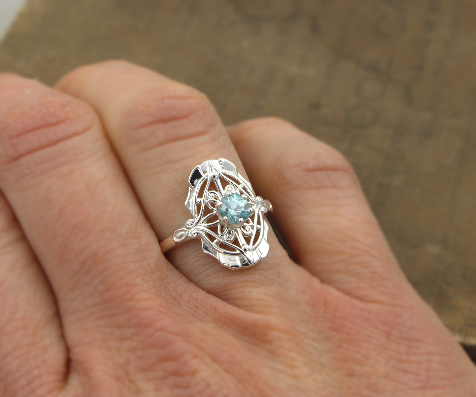 Vintage Inspired Blue Zircon Silver Ring