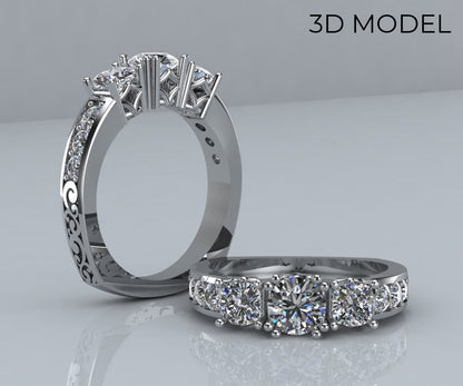 Vintage Cushion Diamond Engraved Wedding Ring