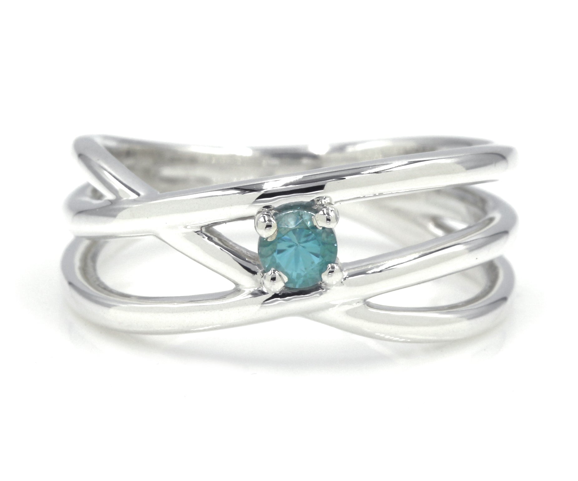 sterling silver criss cross weave modern blue zircon birthstone ring