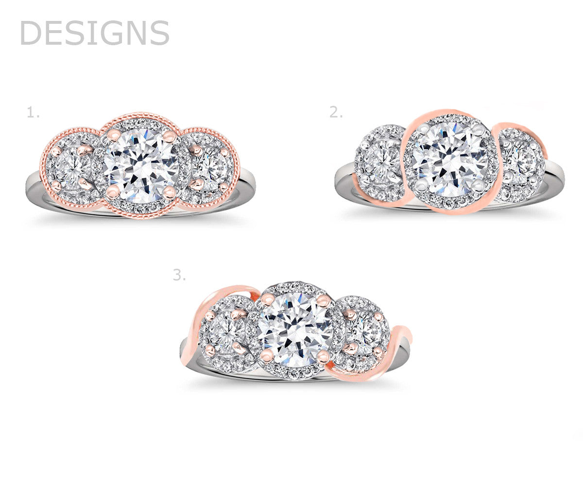 Three Bezel Halo Pink Gold Wedding Ring Redesign