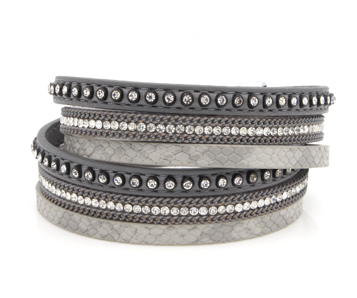 Studded Rhinestone Gray Double Wrap Leather Bracelet