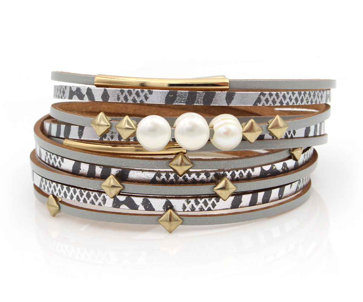 Geometric Gray Double Wrap Gold Pearl Bracelet