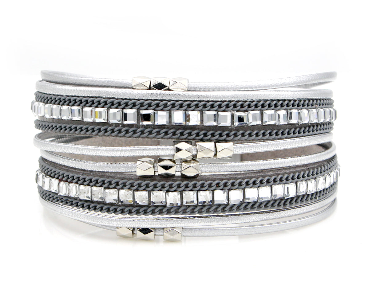 Sparkle and Chains Silver Leather Bracelet