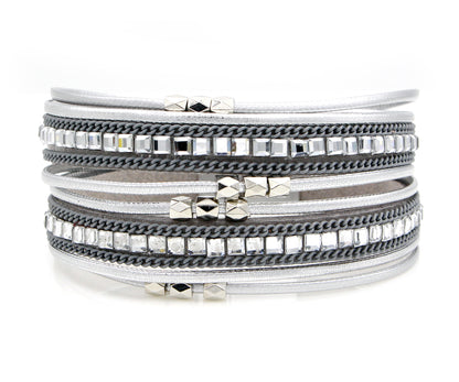 Sparkle and Chains Silver Leather Bracelet