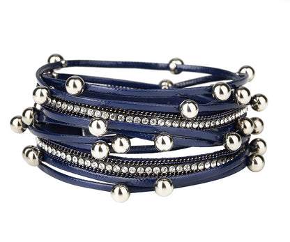 Beaded Navy Double Wrap Leather Bracelet