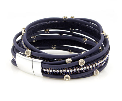 Pulsera de doble vuelta con bisel de diamantes de imitación en azul marino mate