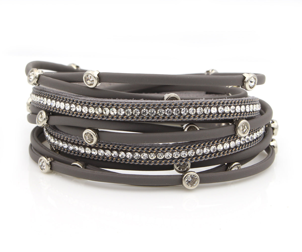 Matte Gray Rhinestone Double Wrap Bracelet