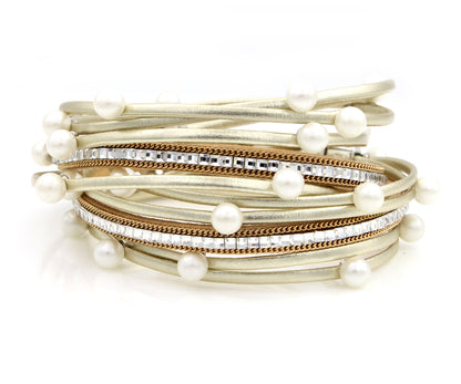 Double Wrap Pearl Gold Leather Bracelet