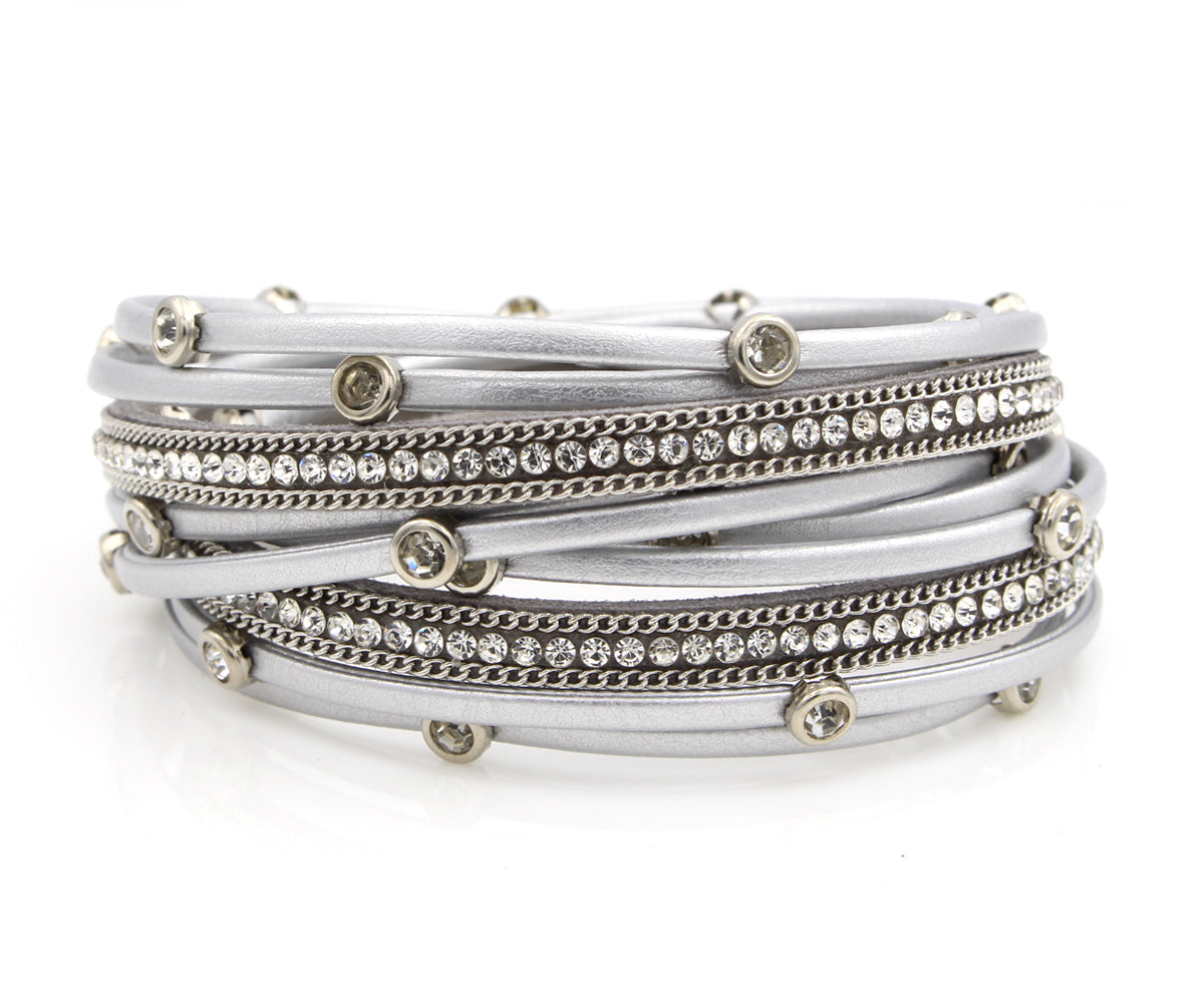 Pulsera de doble vuelta con bisel plateado y diamantes de imitación