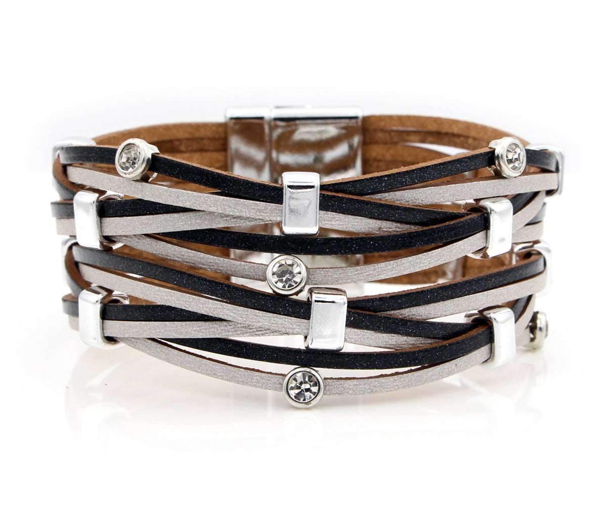 Criss Cross Metallic Black Silver Rhinestone Bracelet