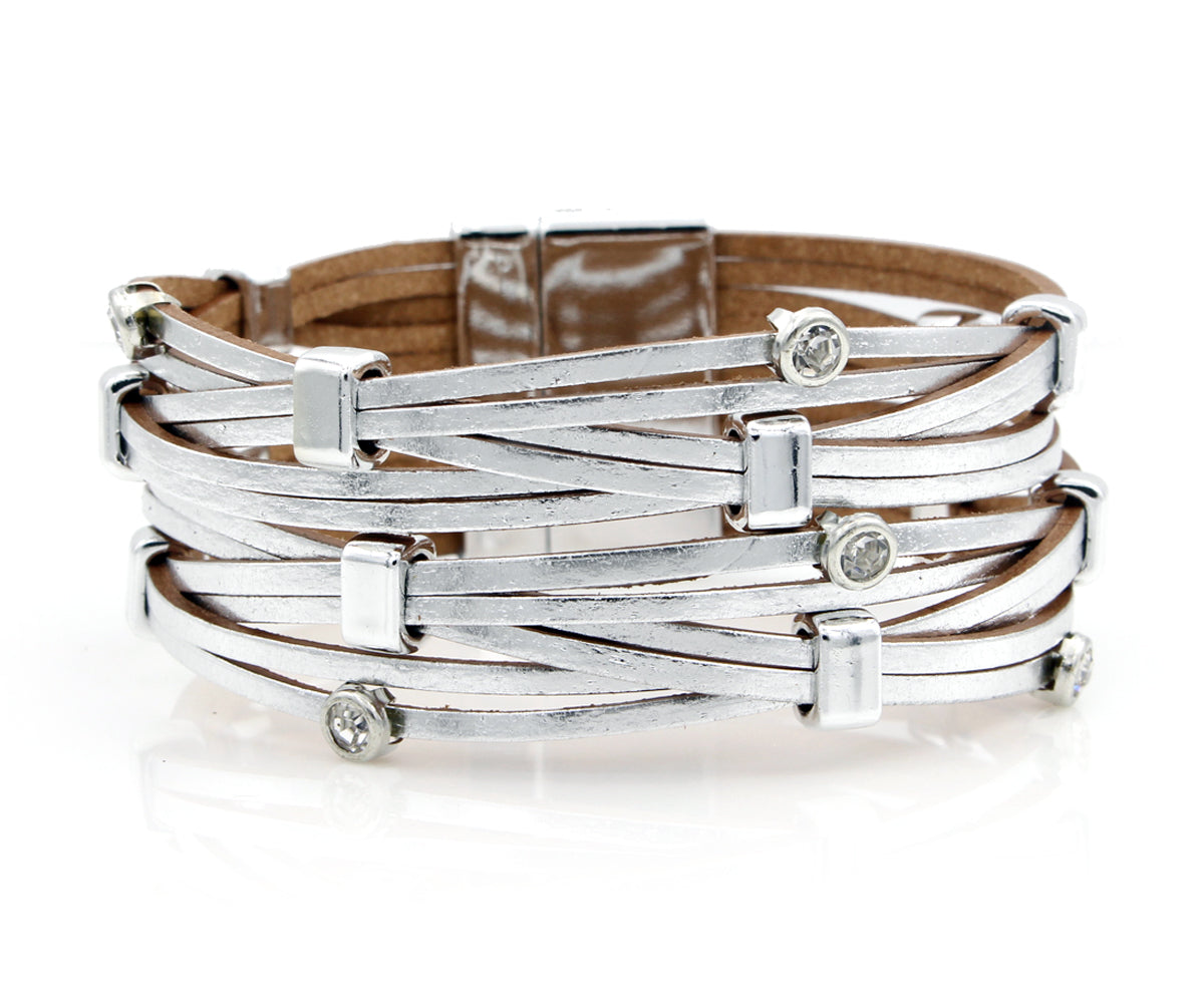 Criss Cross Metallic Silver Rhinestone womens fashion leather Bracelet