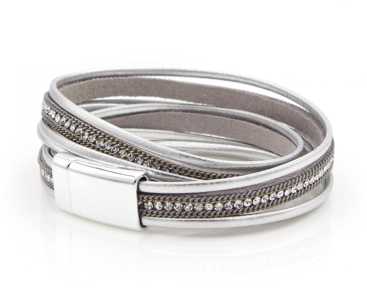 Pulsera doble vuelta de plata metalizada brillante