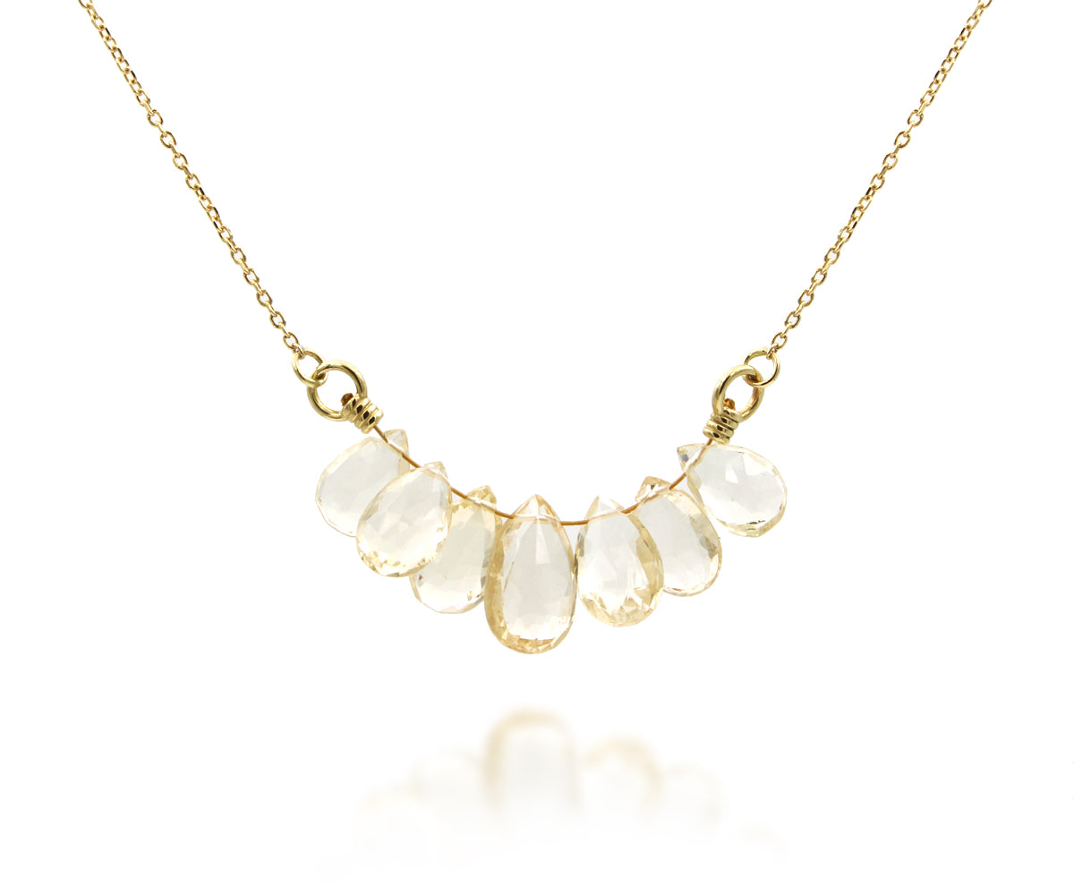 Collar de aguamarina amarilla genuina en forma de briolette de oro de 14 k