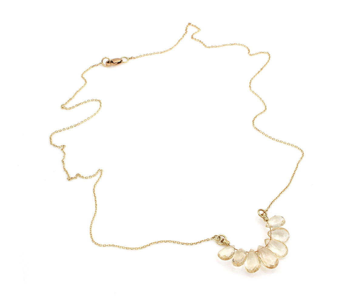 Collar de aguamarina amarilla genuina en forma de briolette de oro de 14 k