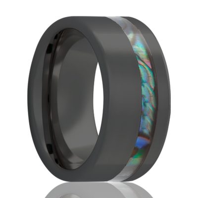 Beveled edge Black Diamond Ceramic ring all high polish with an offset abalone inlay