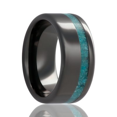 Beveled edge Black Diamond Ceramic ring all high polish with an offset turquoise inlay.