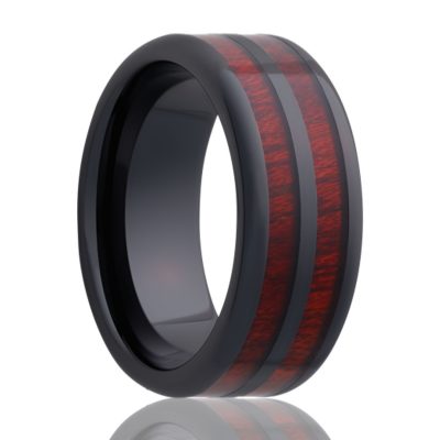 Pipe Cut Black Diamond Ceramic ring all high polish with blood wood inlays. 