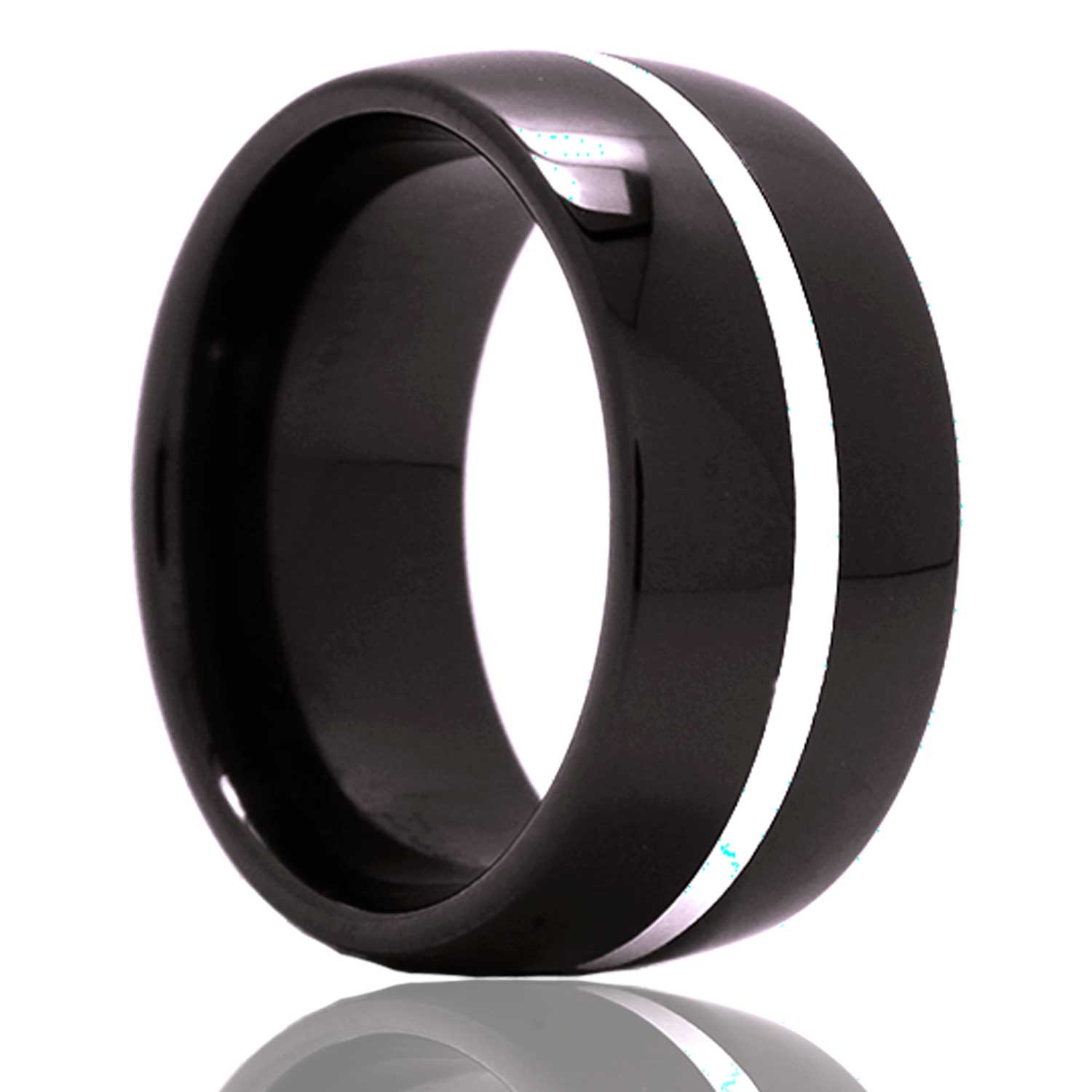 Dome Black Diamond Ceramic ring  polished with a 1mm argentium silver inlay.