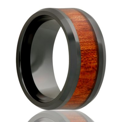 Beveled edge Black Diamond Ceramic ring all high polish with 4mm blood wood inlay.