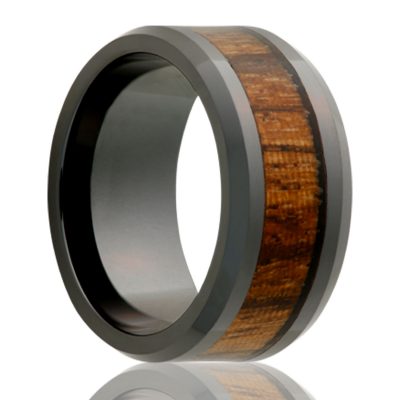Beveled edge Black Diamond Ceramic ring all high polish with 4mm zebra wood inlay.