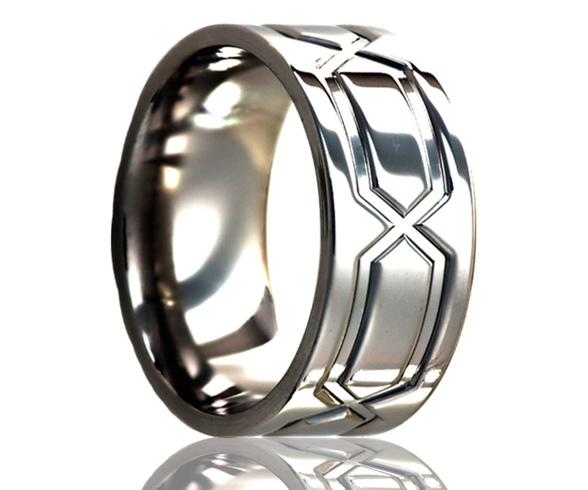 Anillo de titanio con diseño geométrico plano y fresado infinito