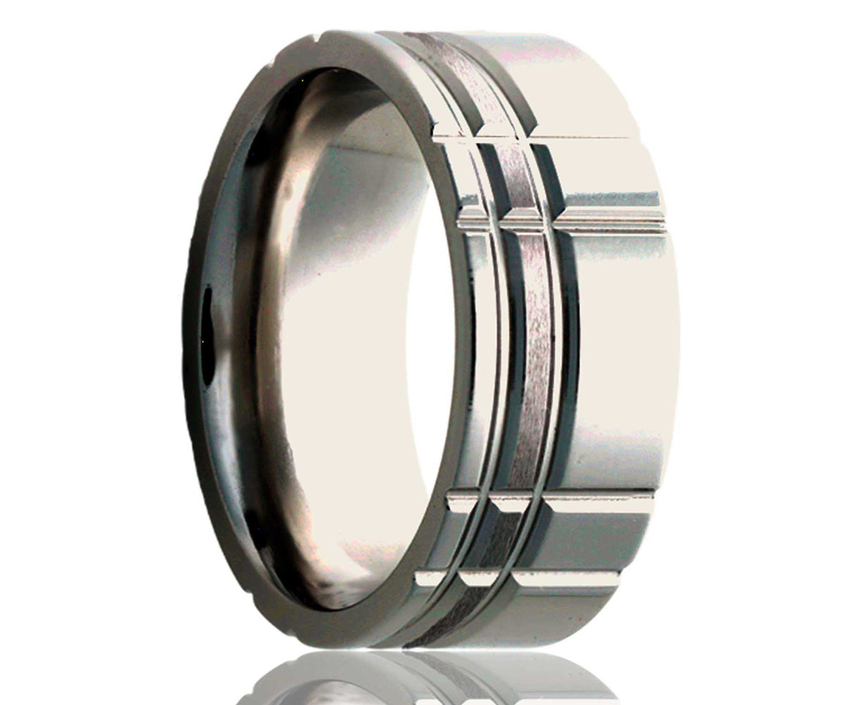 Titanium Flat Offset Intersecting Grooves Satin Milled Ring