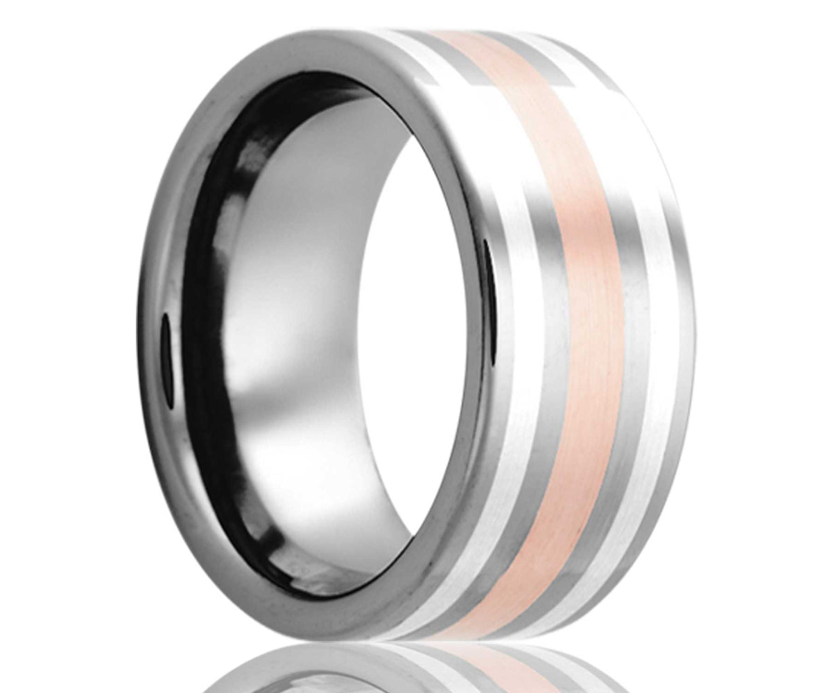 Men's Flat Tungsten Rose Gold Inlay and Argentium Silver Inlays Wedding Ring