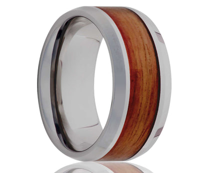 Men's Beveled Edge Tungsten Blood Wood Inlay Wedding Ring