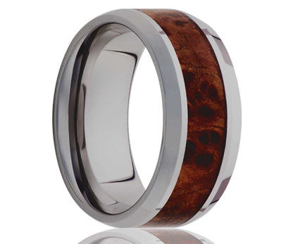Men's Beveled Edge Tungsten Burl Wood Inlay Wedding Ring 