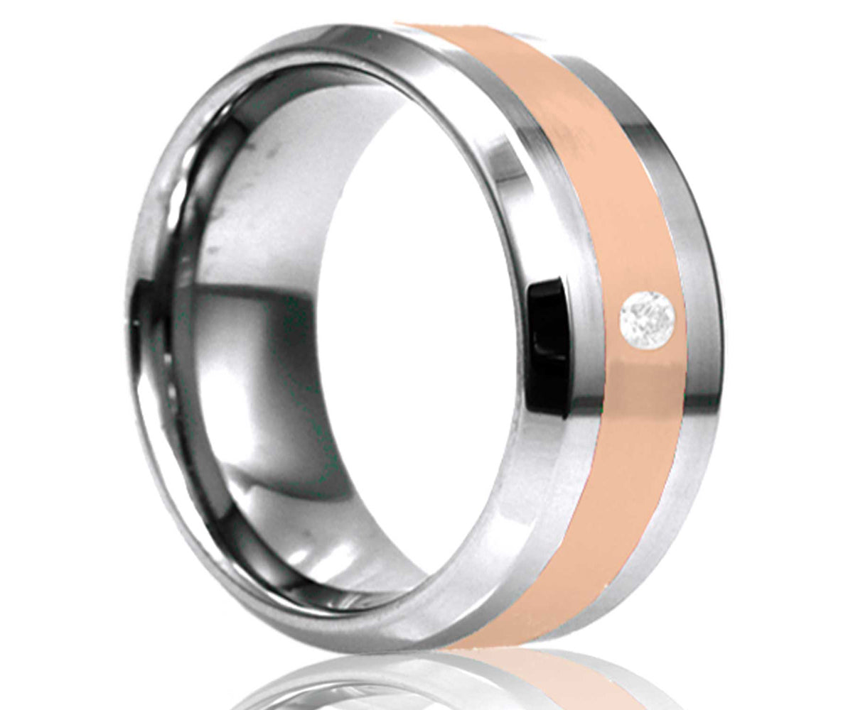 Men's Beveled Edge Tungsten 14k Rose Gold Inlay And One Stone Wedding Ring
