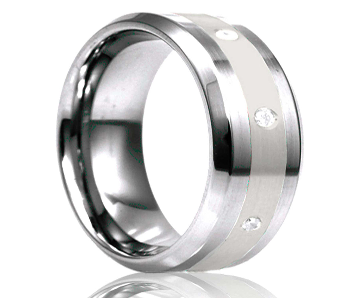 Men's Beveled Edge Tungsten Platinum Inlay And Eight Stones Wedding Ring