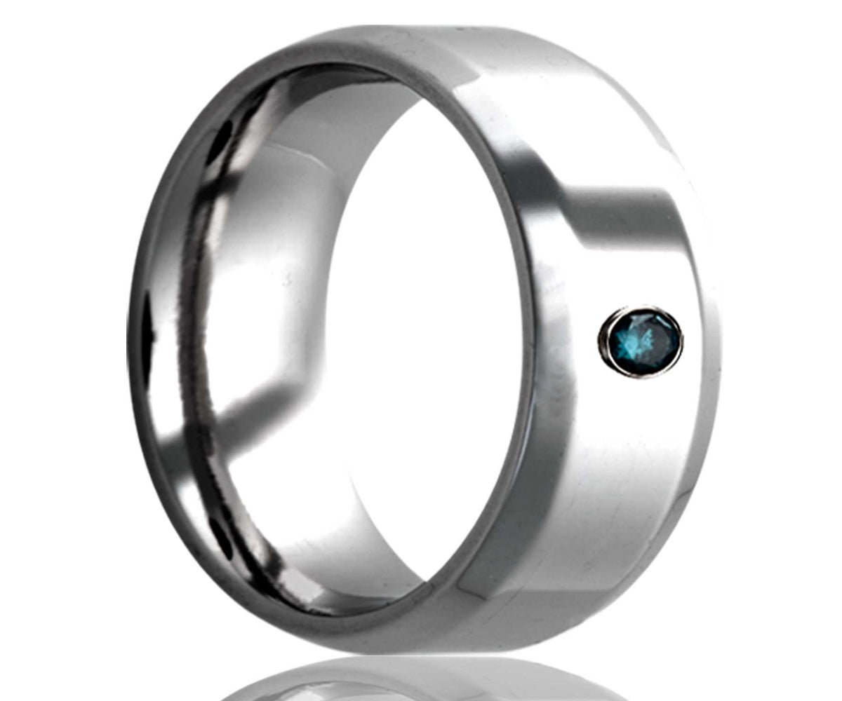 Men's Beveled Edge Tungsten Band With .06 Sapphire Wedding Ring