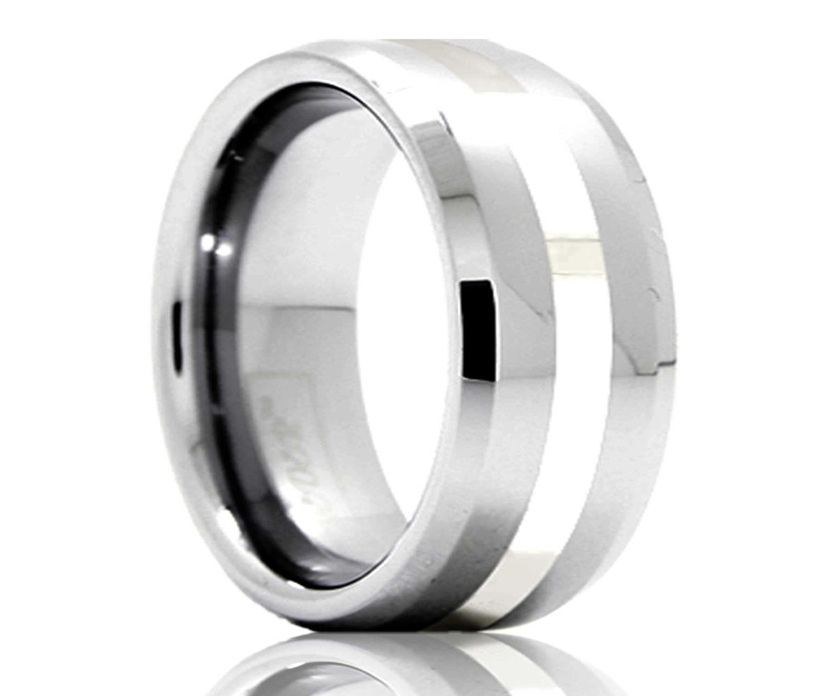 Men's Beveled Edge Tungsten Band Platinum Inlay Wedding Ring 