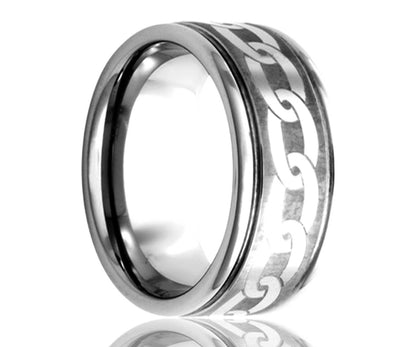 Men's Deep Groove Tungsten Band Laser Pattern Wedding Ring