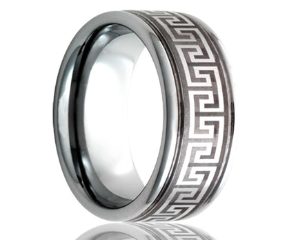 Men's Deep Groove Tungsten Band Laser Pattern Wedding Ring