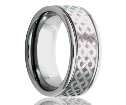 Men's Deep Groove Tungsten Band With Laser Pattern Wedding Ring