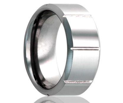 Men's Beveled Edge With Groves And All High Finish Polish Wedding Ring 