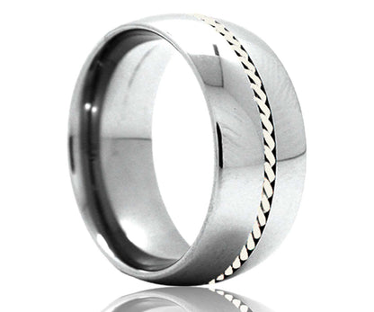 Men's Dome Tungsten Band Woven Platinum Inlay Wedding Ring