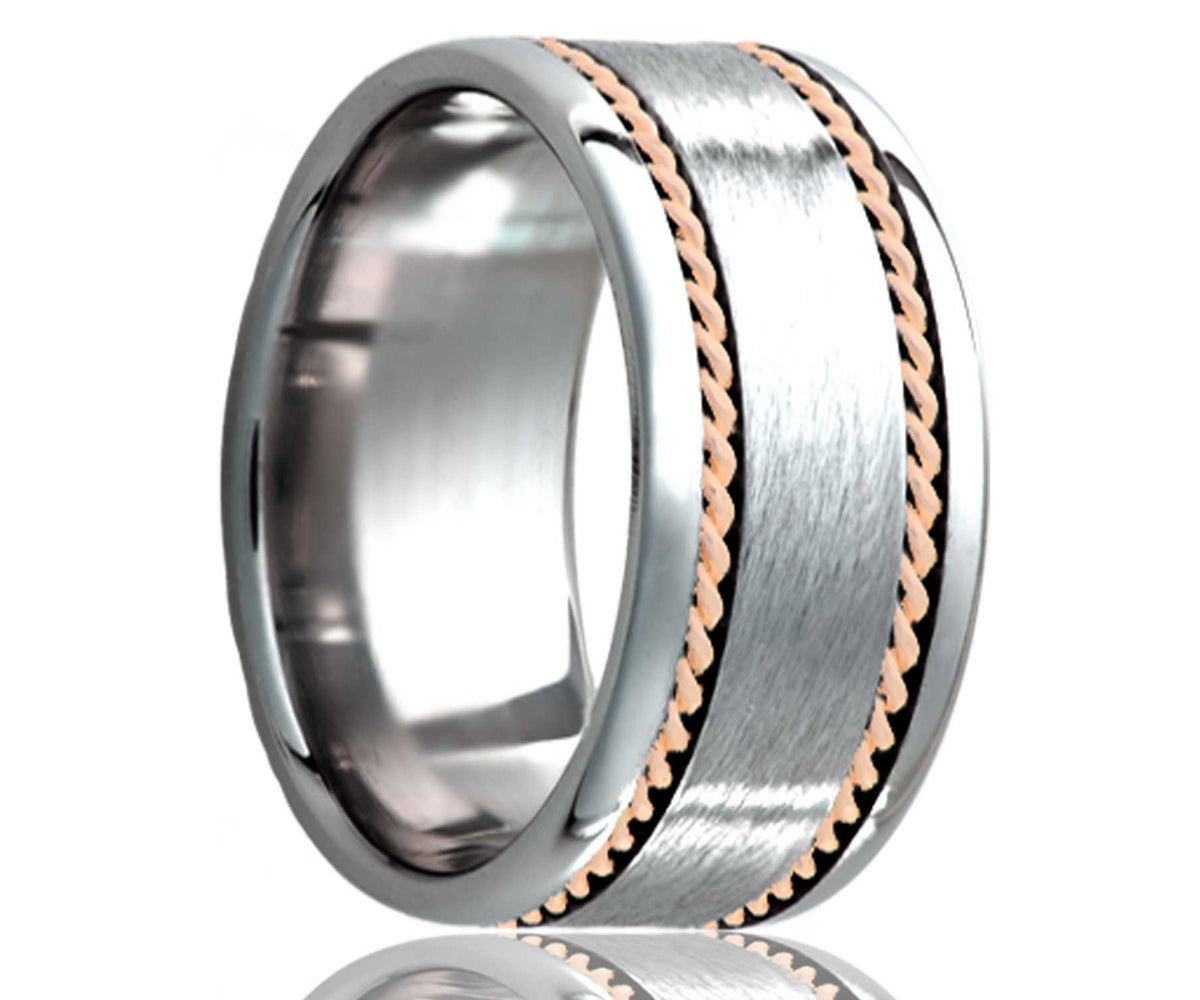 Men's Flat Tungsten Band And Two Hand Woven 1mm 14k Rose Gold Inlays Wedding Ring