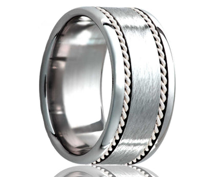 Men's Flat Tungsten Band And Two Hand Woven 1mm Argentium Silver Inlays Wedding Ring