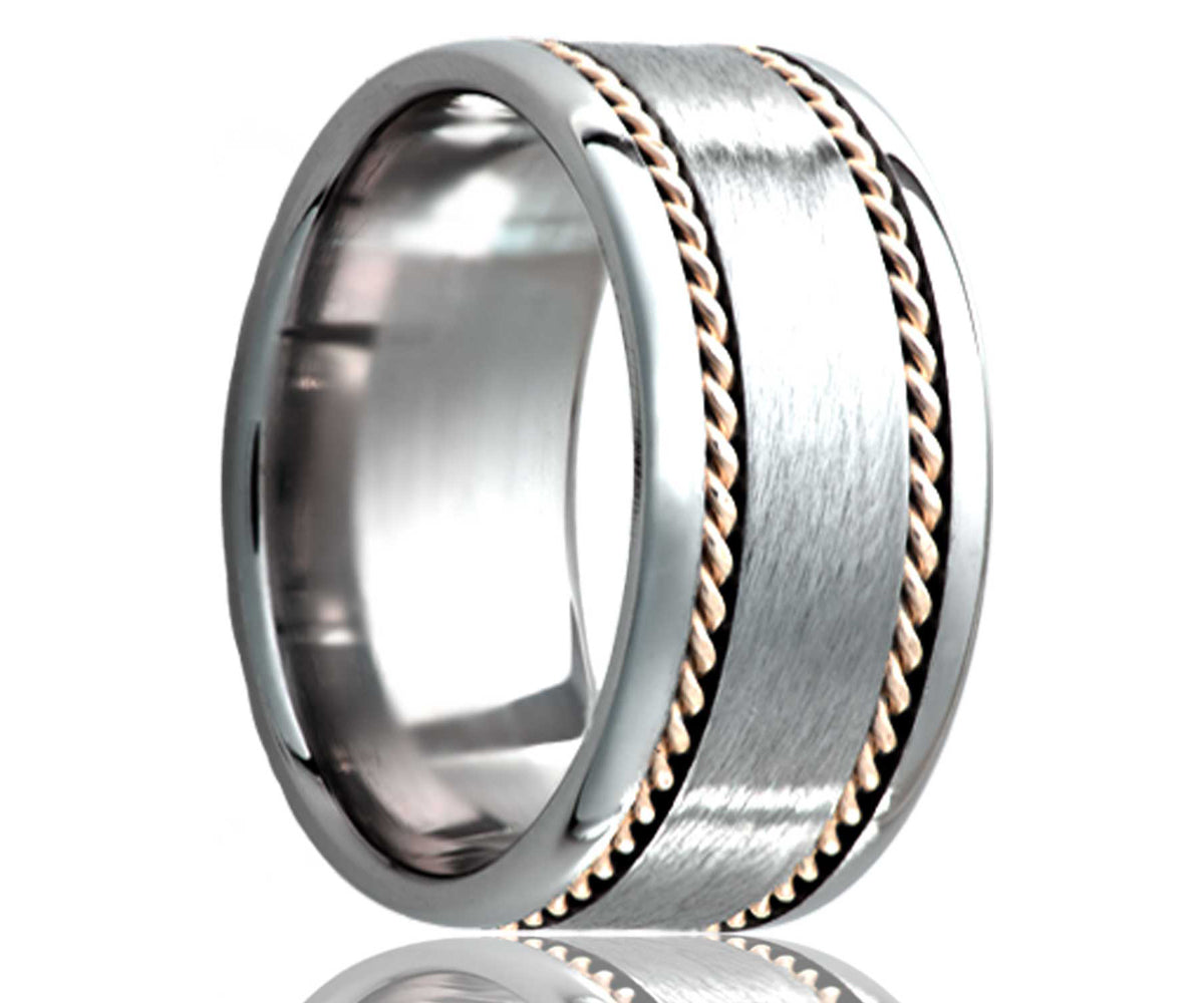 Men's Flat Tungsten Band And Two Hand Woven 1mm 14k Yellow Gold Inlays Wedding Ring