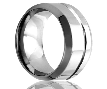 Men's Beveled Edge Tungsten Band With An Offset Decorative Groove Wedding Ring