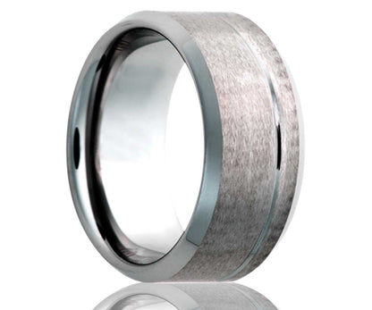 Men's Beveled Edge Tungsten Band Satin Top With An Offset Polished Decorative Groove Wedding Ring