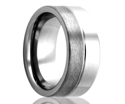 Men's Flat Tungsten Band Half All High Polish Half Satin Finish With A Groove In The Center Wedding Ring