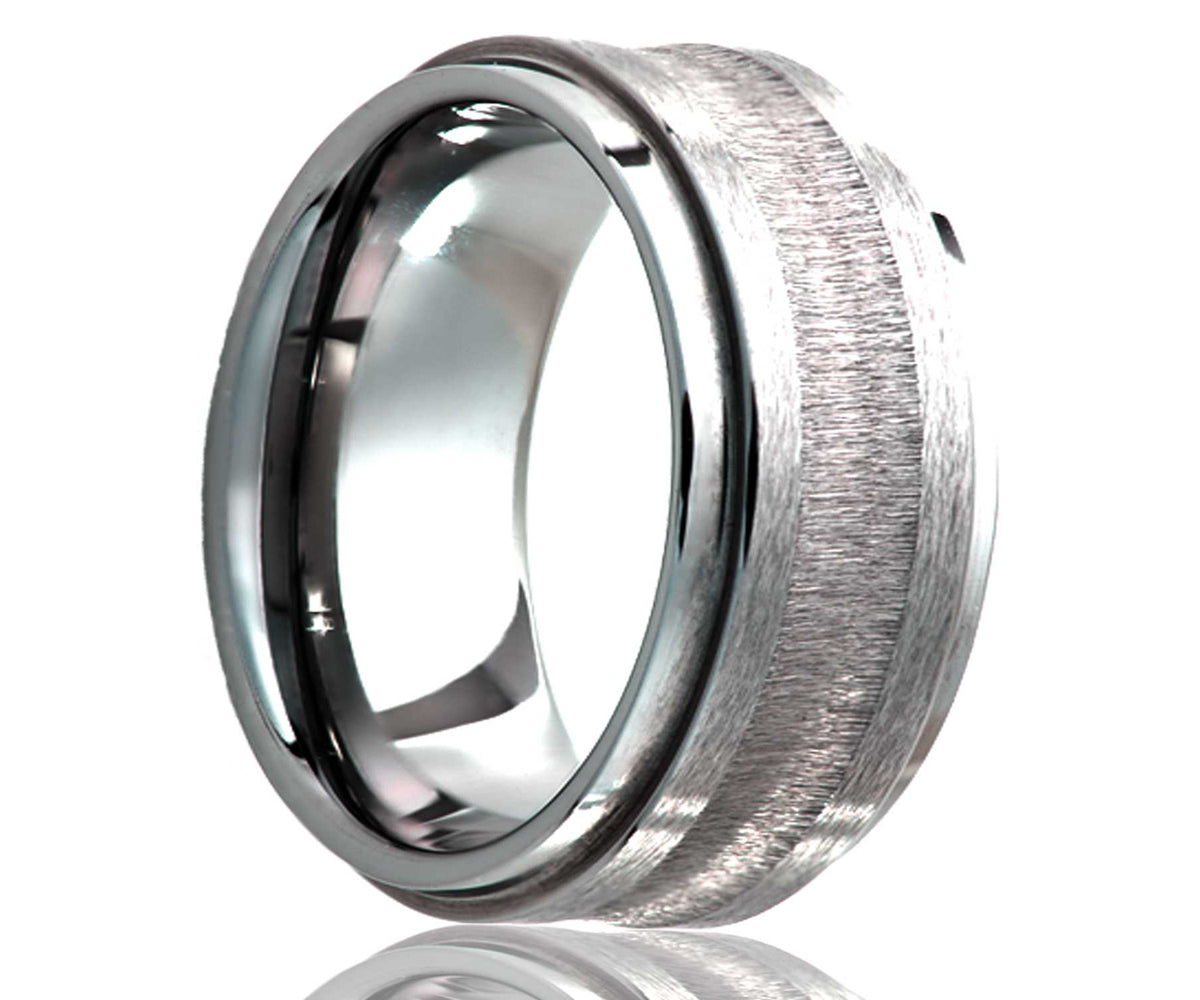 Men's Step Edge Tungsten Band Satin Top With A Brushed Groove Wedding Ring