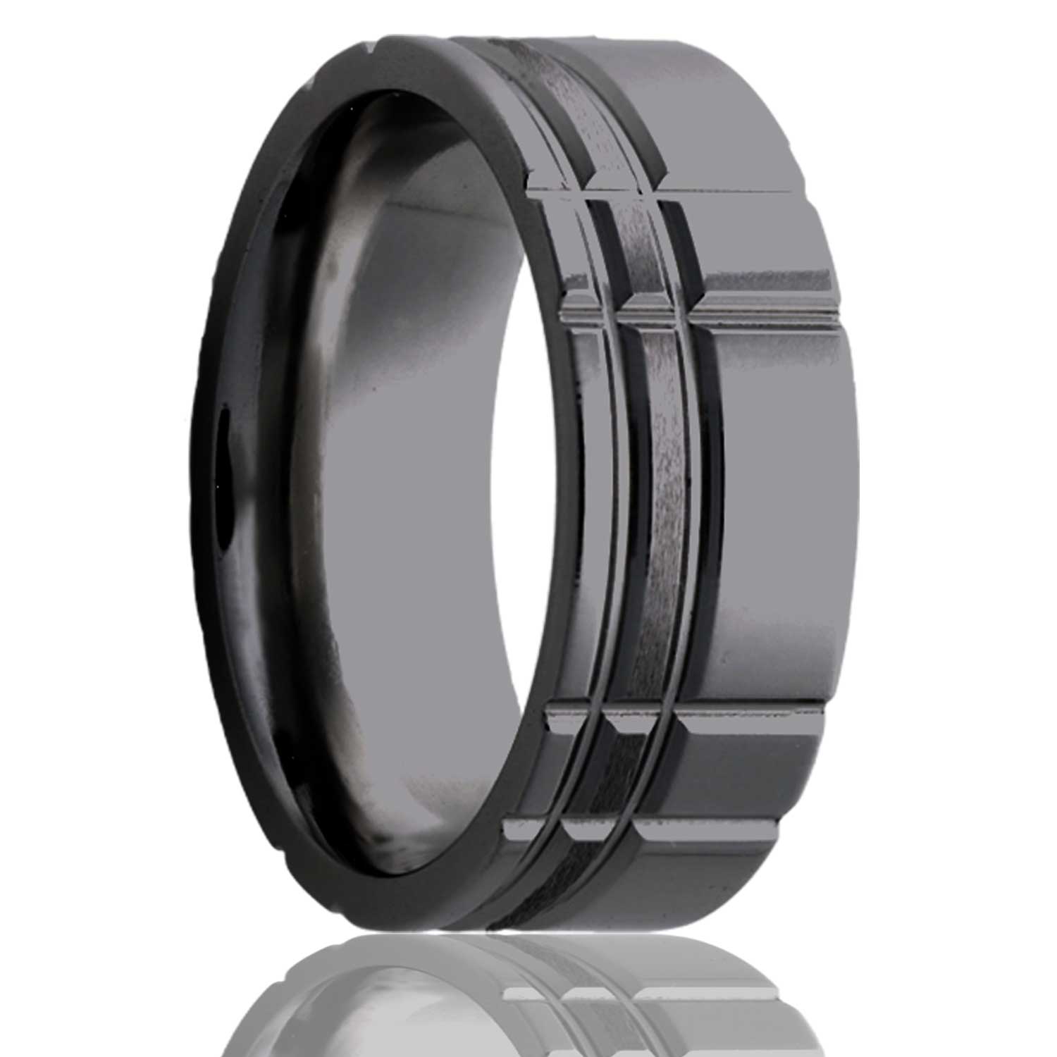 Men's Flat Zirconium ring with a milled pattern and a satin finish line Wedding Ring