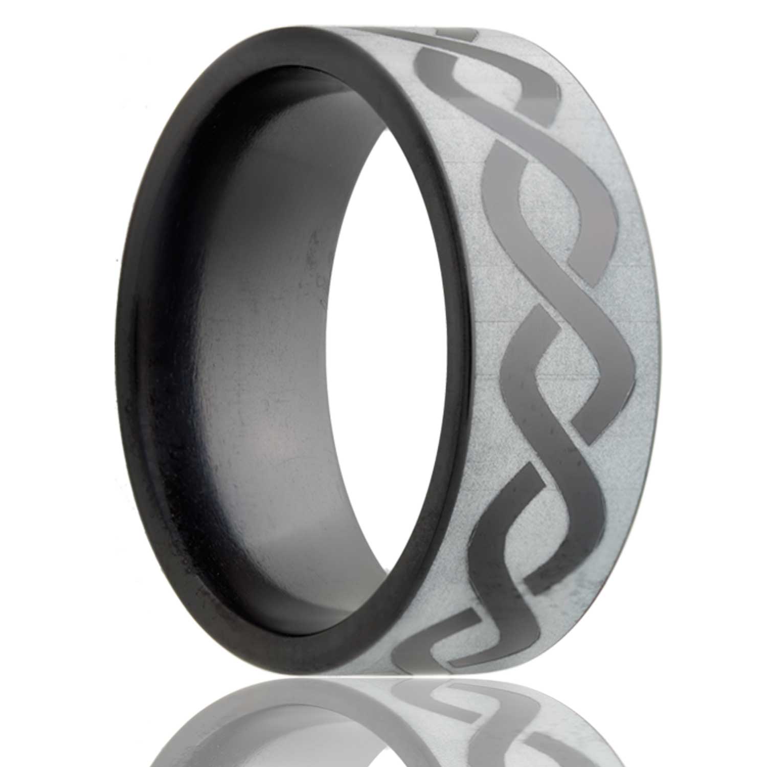 Flat Zirconium band, all high polish with a laser pattern.